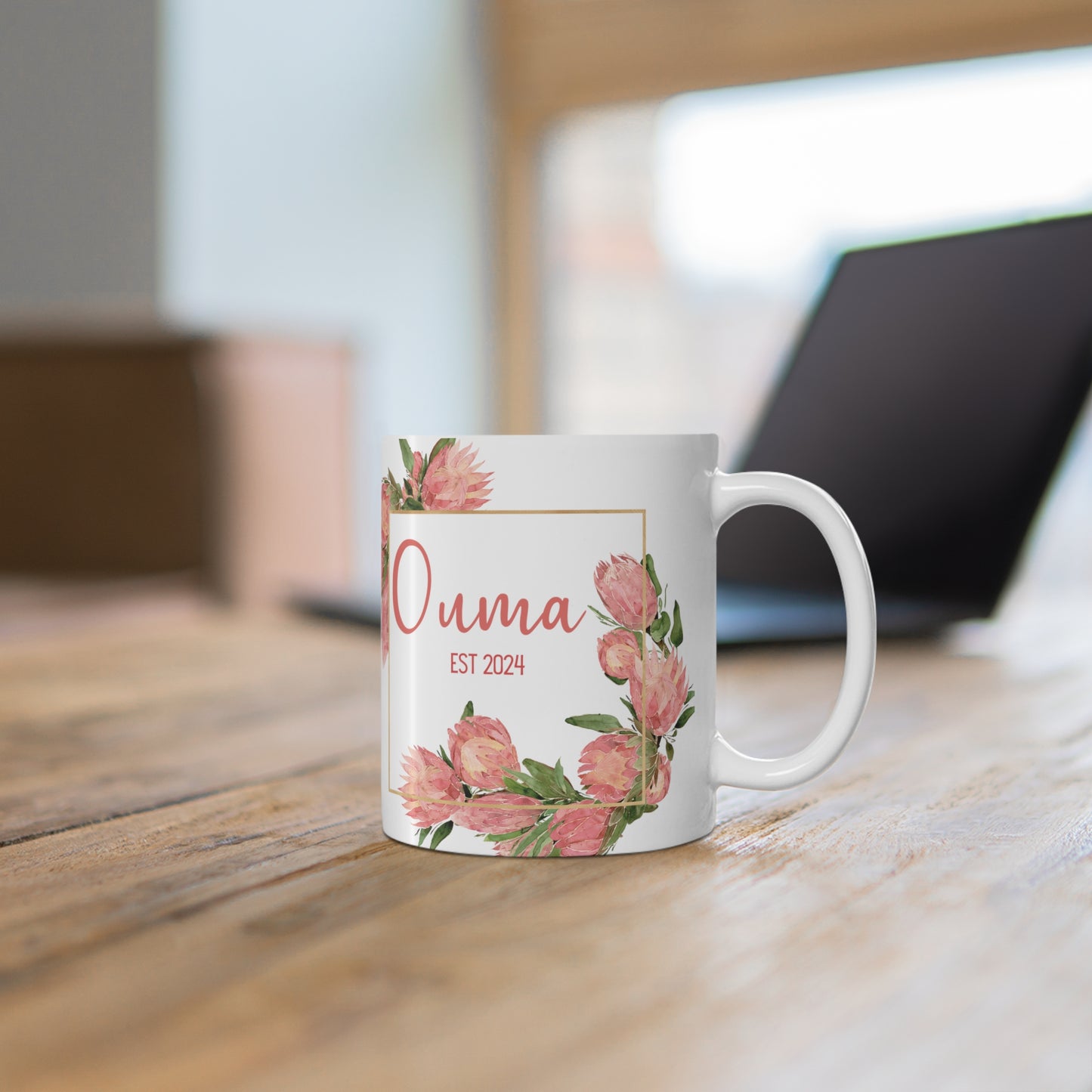 PERSONALIZED OUMA FLOWER mug, Protea custom name mug, botanical mug for mom, Ouma mug, Mom mug, gigi mug, south african gift for her