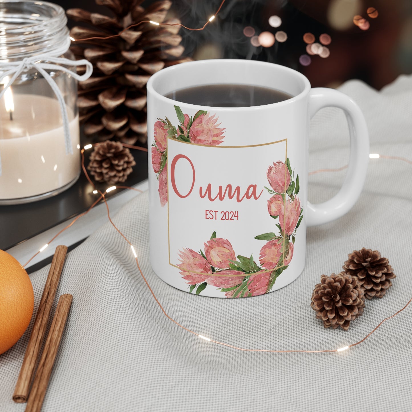 PERSONALIZED OUMA FLOWER mug, Protea custom name mug, botanical mug for mom, Ouma mug, Mom mug, gigi mug, south african gift for her