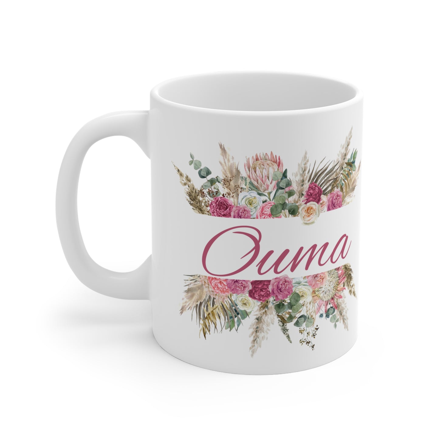 OUMA PROTEA FLOWER mug, suikerbos mug for Ouma, South Africa sugarbush mug, saffa ouma gift, Suid Afrika Afrikaans mug, south african gift