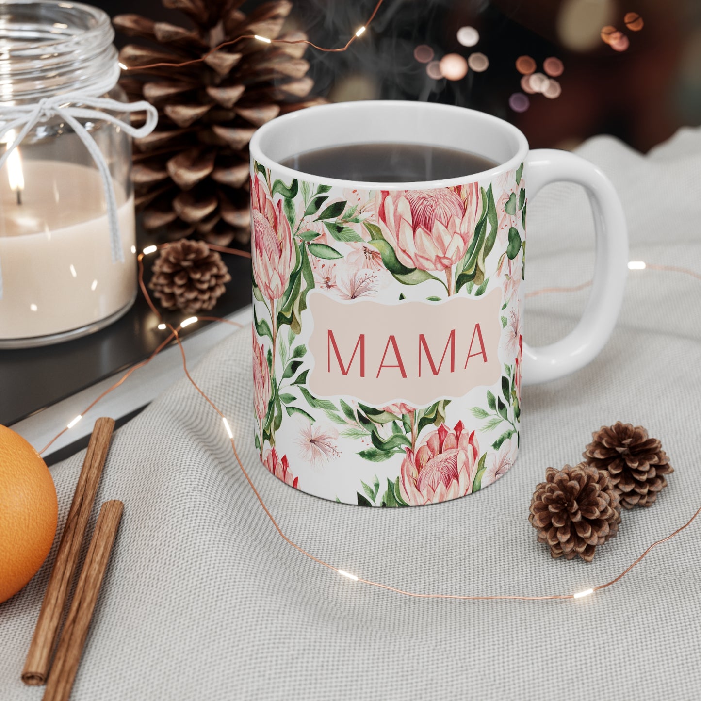 PERSONALIZED MAMA FLOWER mug, Protea custom name mug, botanical mug for mom, Ouma mug, Mom mug, gigi mug, south african gift for her