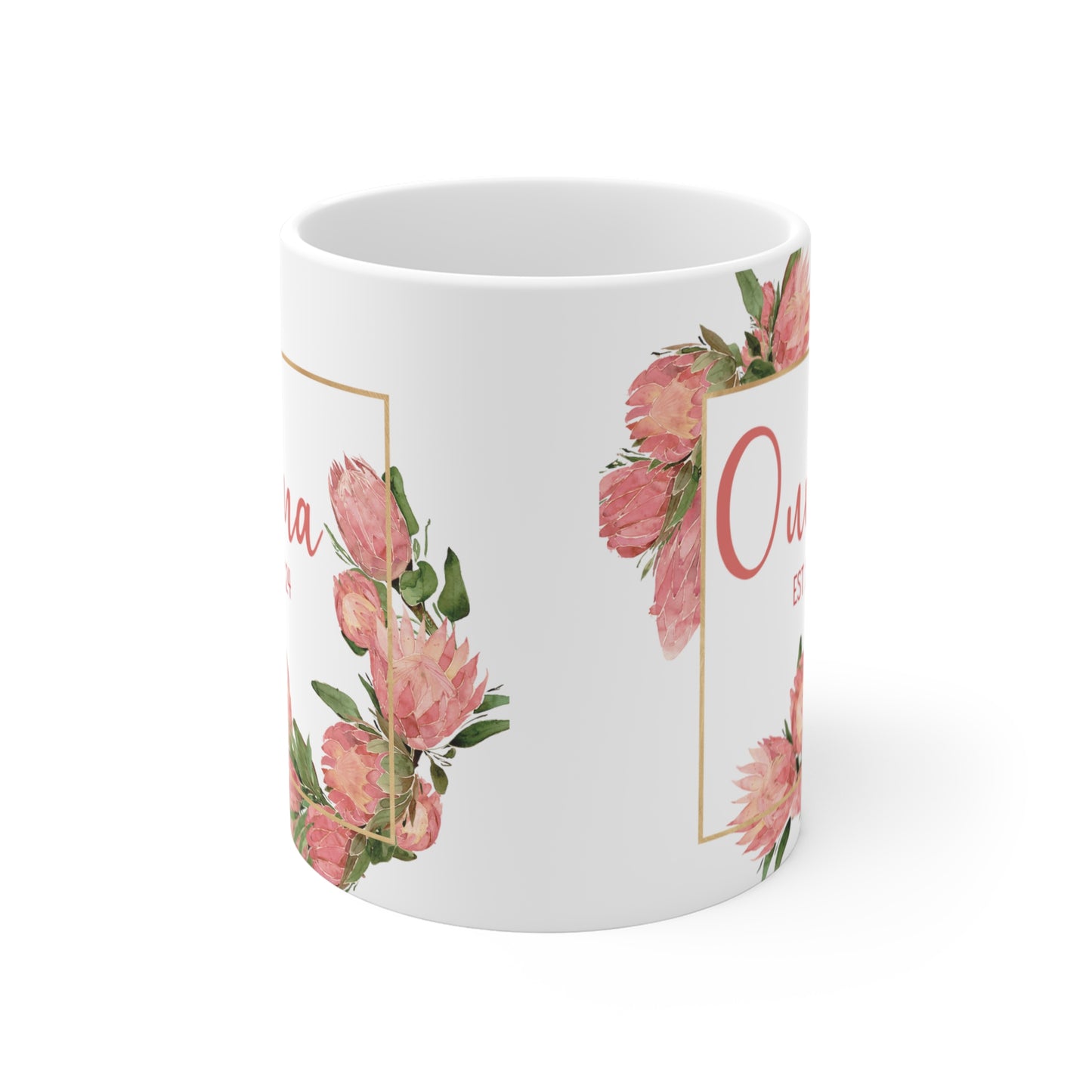 PERSONALIZED OUMA FLOWER mug, Protea custom name mug, botanical mug for mom, Ouma mug, Mom mug, gigi mug, south african gift for her