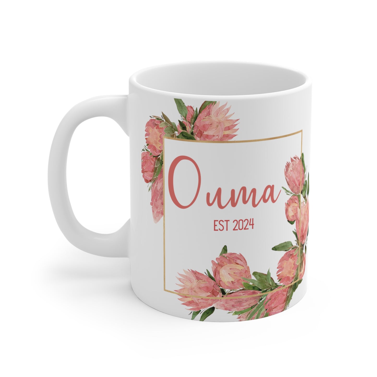 PERSONALIZED OUMA FLOWER mug, Protea custom name mug, botanical mug for mom, Ouma mug, Mom mug, gigi mug, south african gift for her