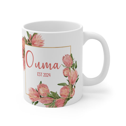 PERSONALIZED OUMA FLOWER mug, Protea custom name mug, botanical mug for mom, Ouma mug, Mom mug, gigi mug, south african gift for her