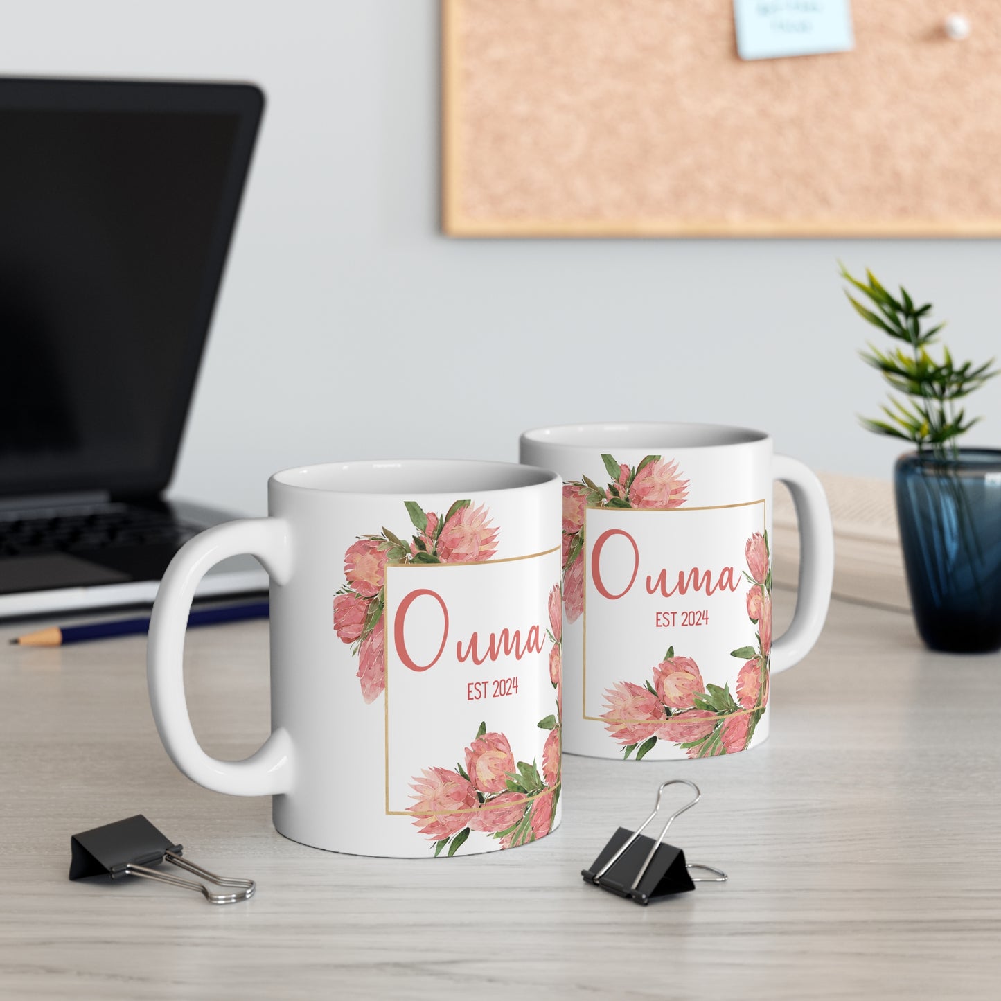 PERSONALIZED OUMA FLOWER mug, Protea custom name mug, botanical mug for mom, Ouma mug, Mom mug, gigi mug, south african gift for her