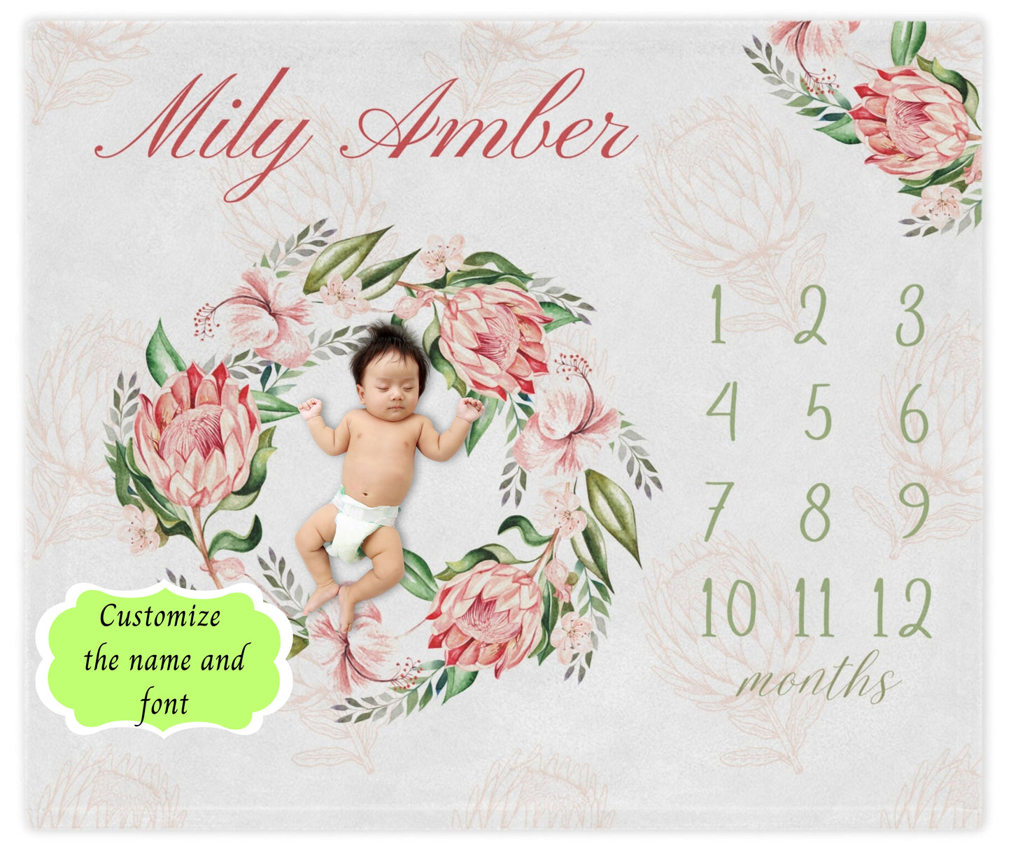 PERSONALIZED BABY MILESTONE Girl Blanket, Pink Flower Month Custom name blanket, Age Growth New Mom Baby Shower Gift, Milestone name blanket