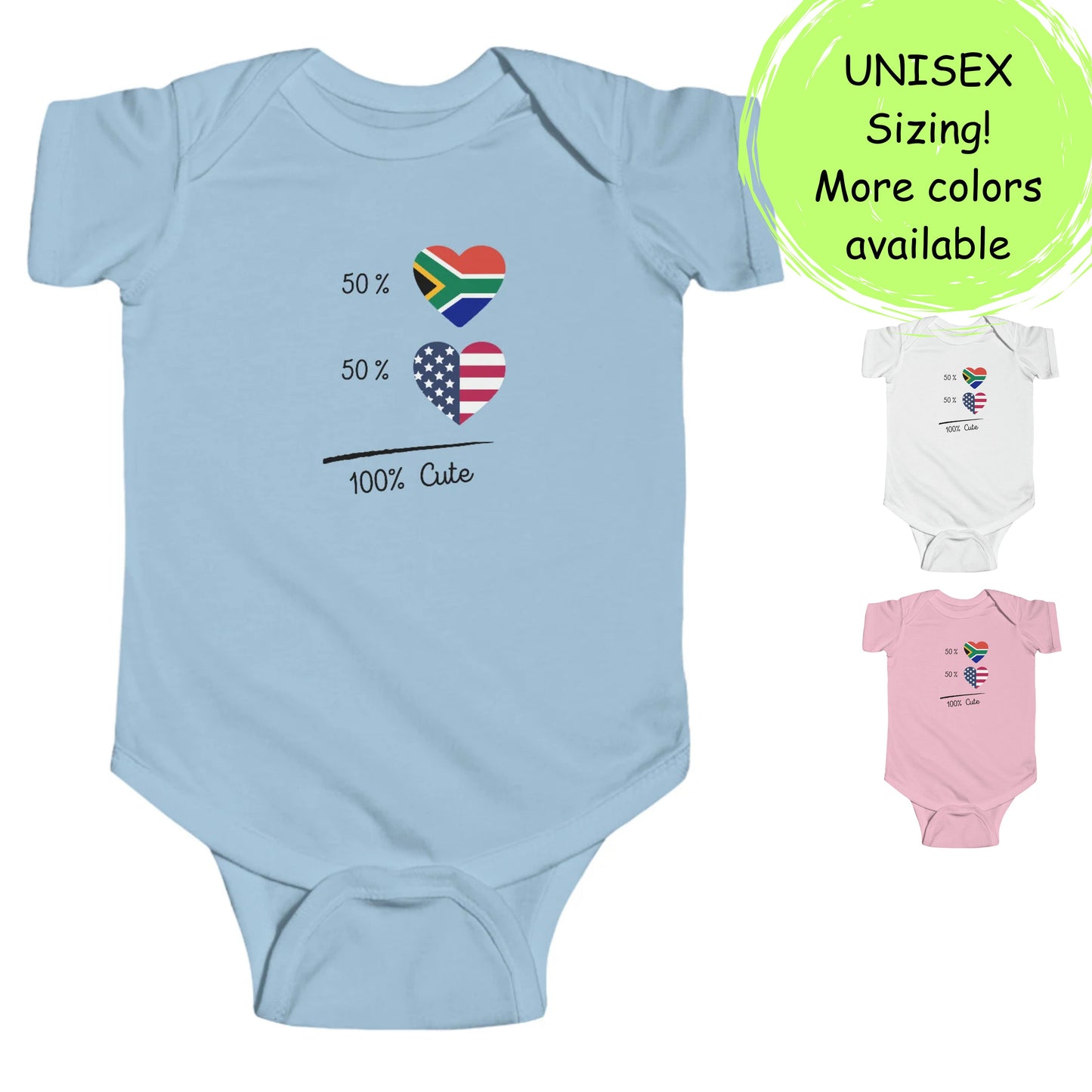 South African Baby short sleeve one-piece bodysuit, 1/2 American 1/2 South African shirt, half American half South African infant baby grow