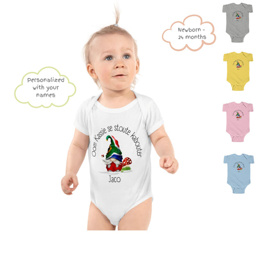 AFRIKAANS BABY BODYSUIT, short sleeve one piece babygrow, Gnome baby grow, South Africa baby, Afrikaans new mom gift, Afrikaans baby shower